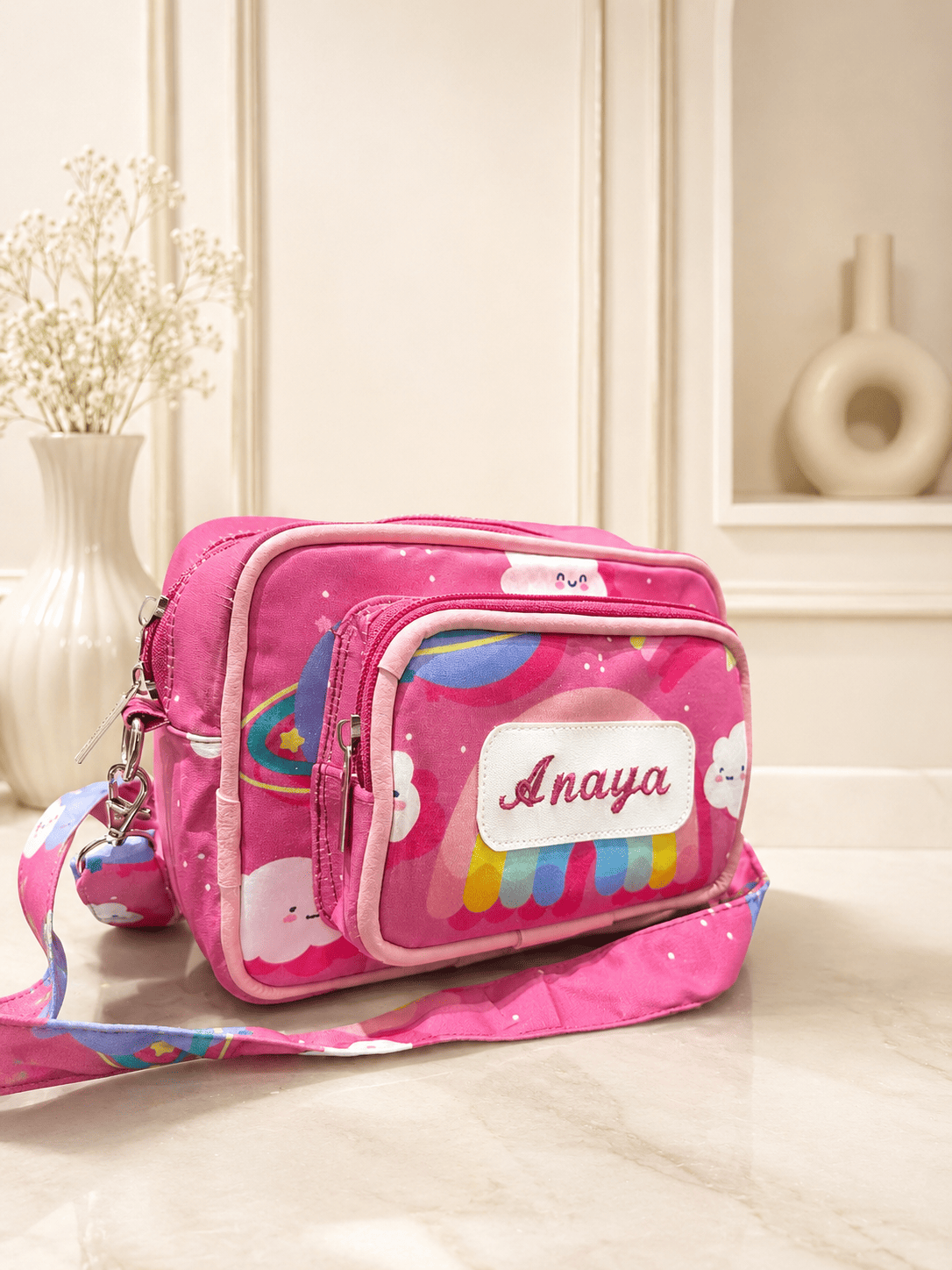 Personalised Kids Pink Star Planet Sling Bag