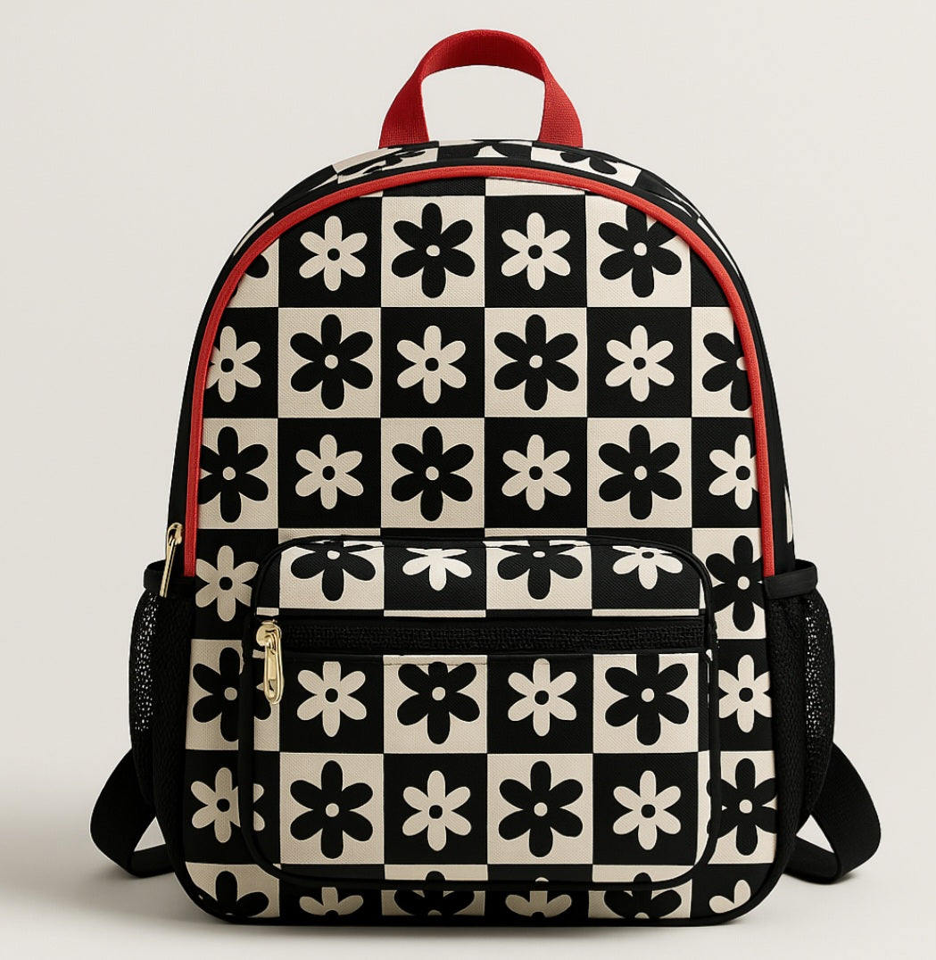 Black Beige Flower School Bag
