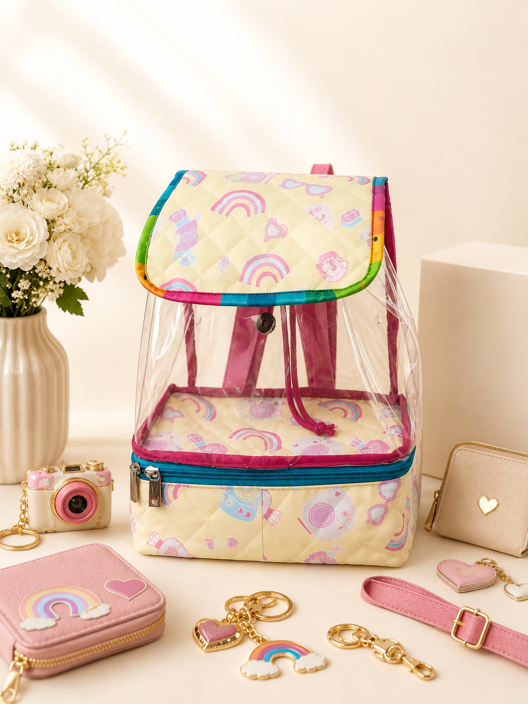 Personalised Rainbow Camera Drawstring Backpack