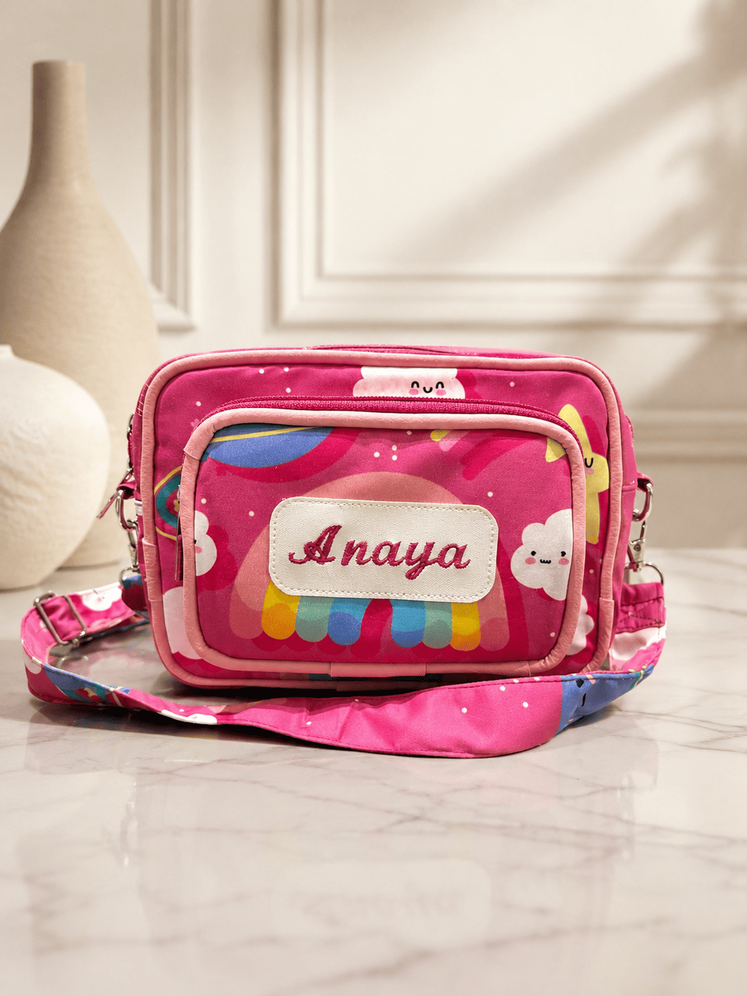 Personalised Kids Pink Star Planet Sling Bag