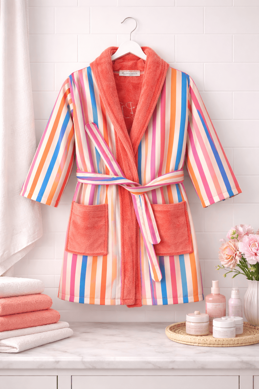 Personalised Kids Peach Stripe Heart Bathrobe