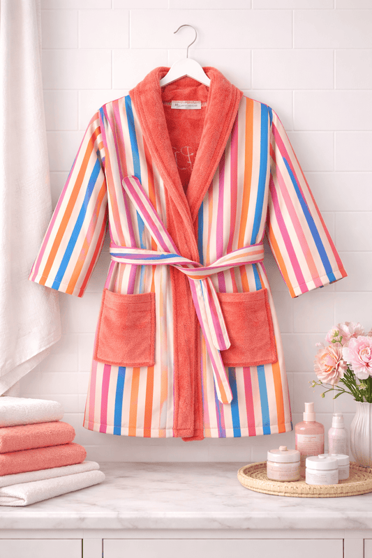 Personalised Kids Peach Stripe Heart Bathrobe