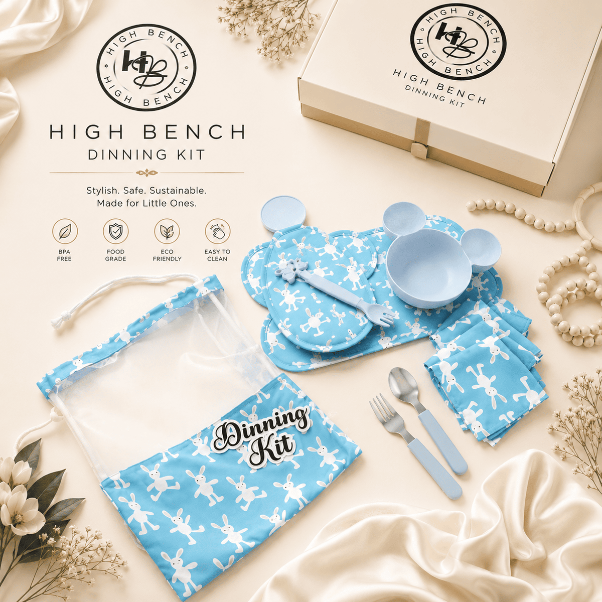 Premium Personalised Kids Bunny Play Sky Dining Kit Set